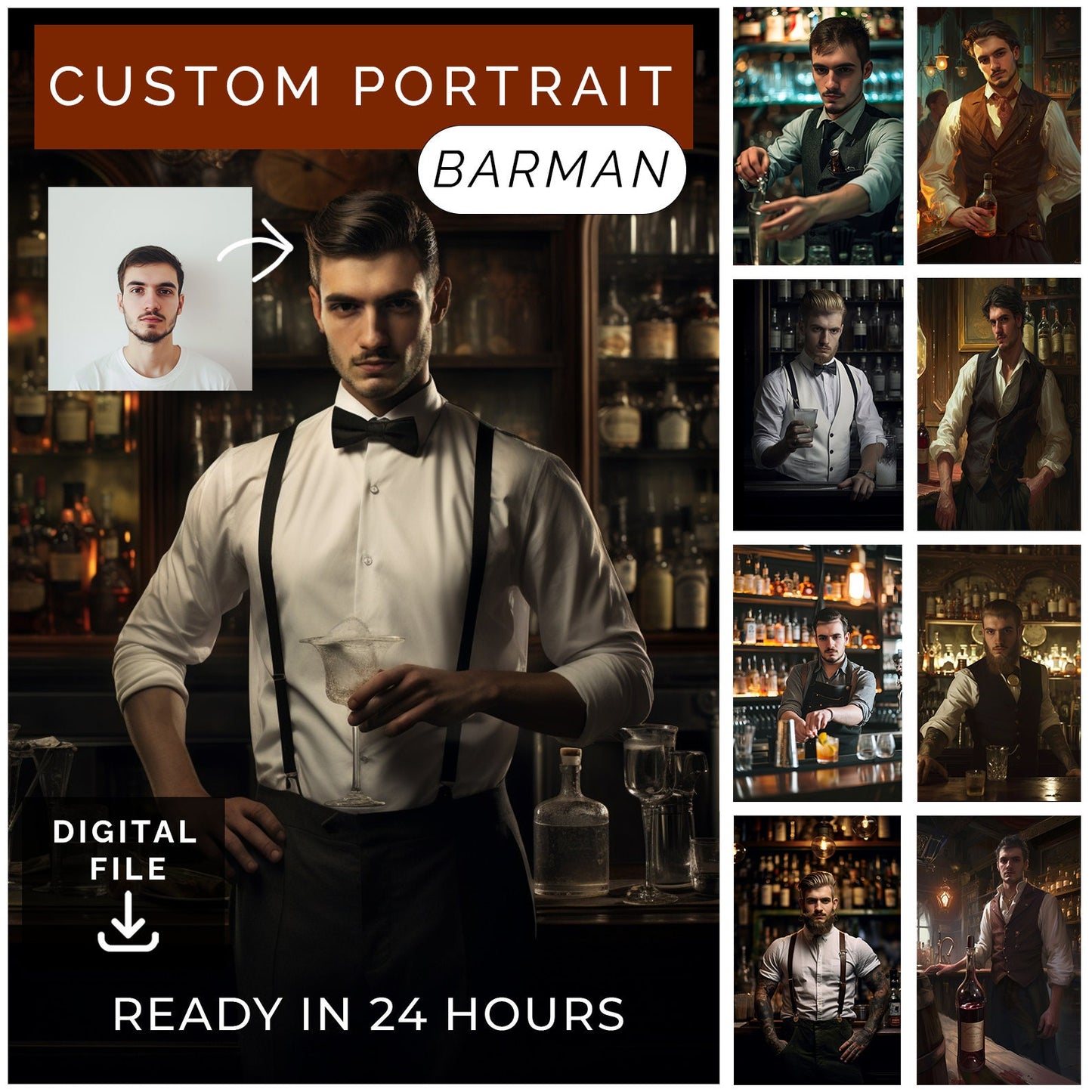 Customized Barman Portrait from Photo, Turn Me Into a Barman | Custom Portrait Gift | Valentines Day Gift | Digital Download