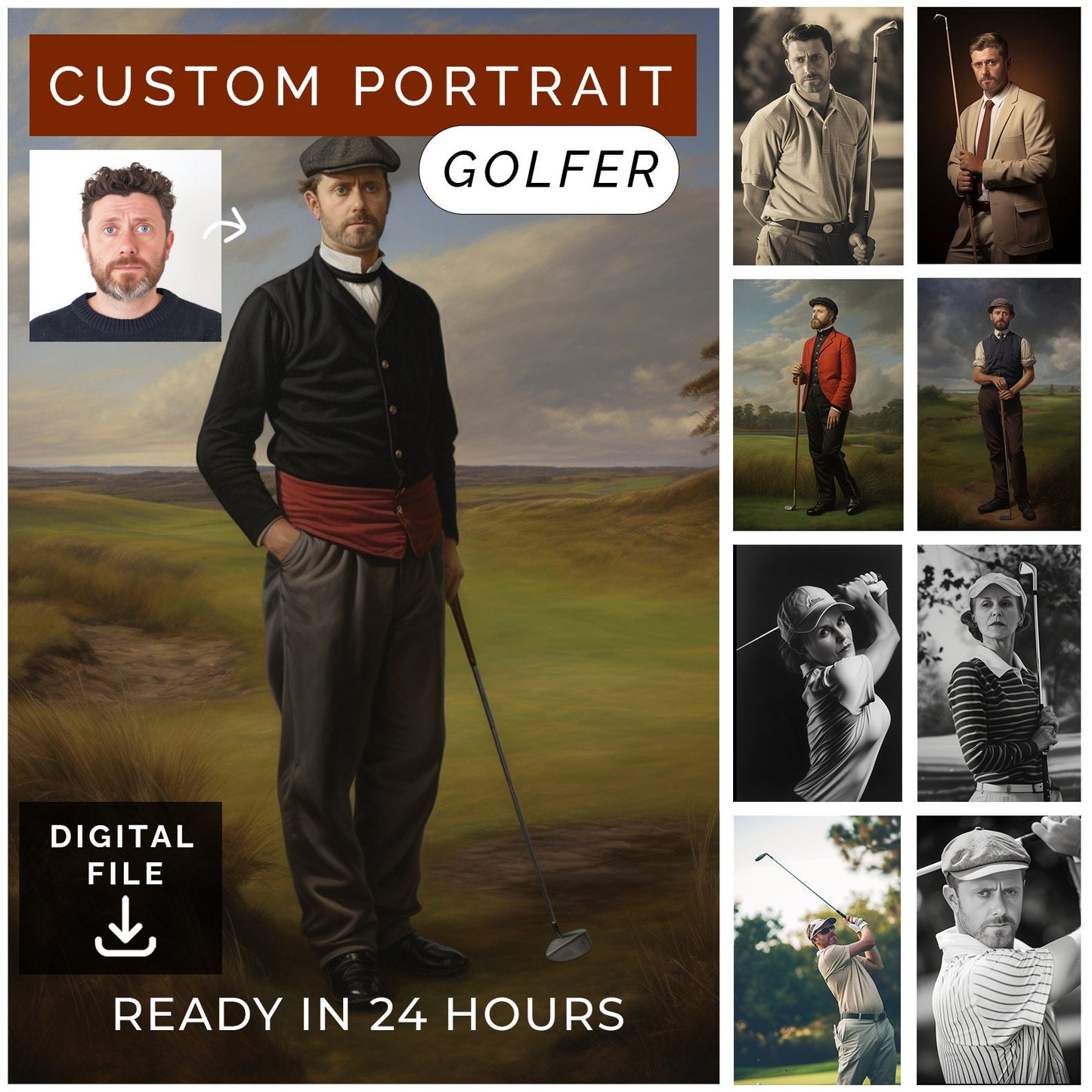 Customized Golfer Portrait from Photo, Turn Me Into a Golfer | Custom Portrait Gift | Valentines Day Gift | Digital Download