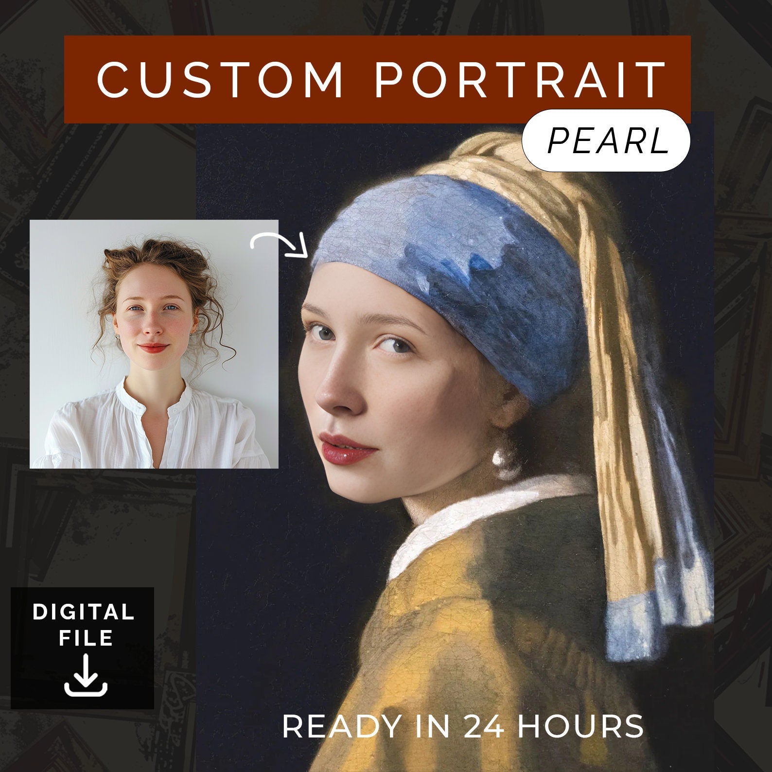 Anatolian HandsCustomized GIRL with a PEARL Earring from Photo, Turn Me Into a Vermeer Painting | Custom Portrait Gift | Valentines Day | Digital Download