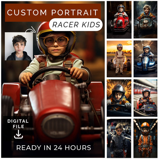 Customized Kid Racer Portrait from Photo, Turn My Kid Into a Formula Racer | Custom Portrait Gift | Birthday Gift for Son|  Digital Download