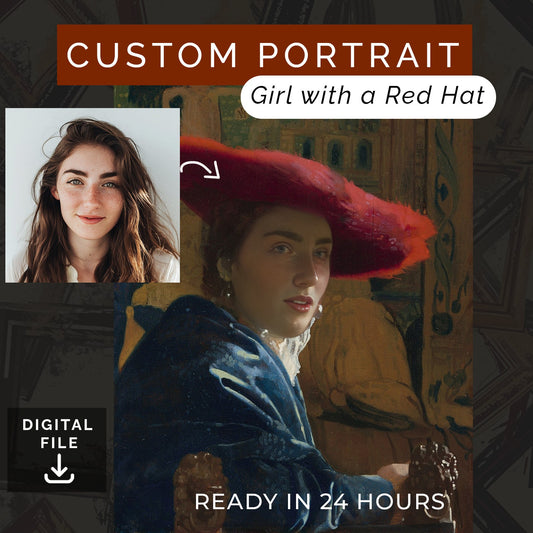 Customized GIRL with a Red Hat from Photo, Turn Me Into a Vermeer Painting | Custom Portrait Gift | Valentines Day| Digital Download